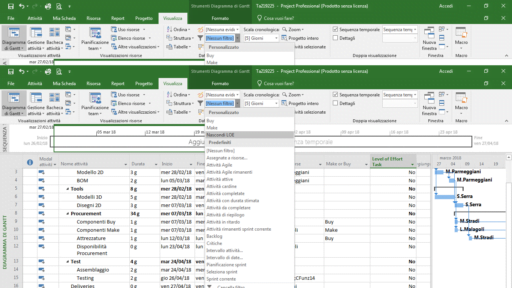 attivazione filtro in microsoft project