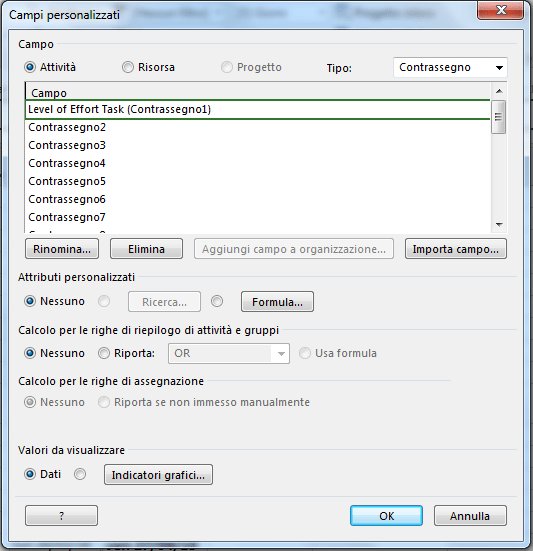 campo personalizzato level of effort task