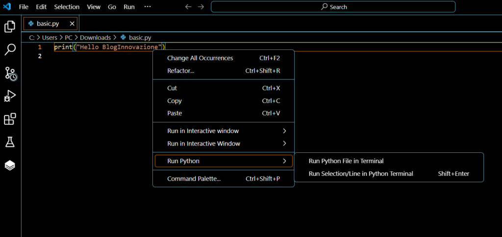 esecuzione codice python da VS Code