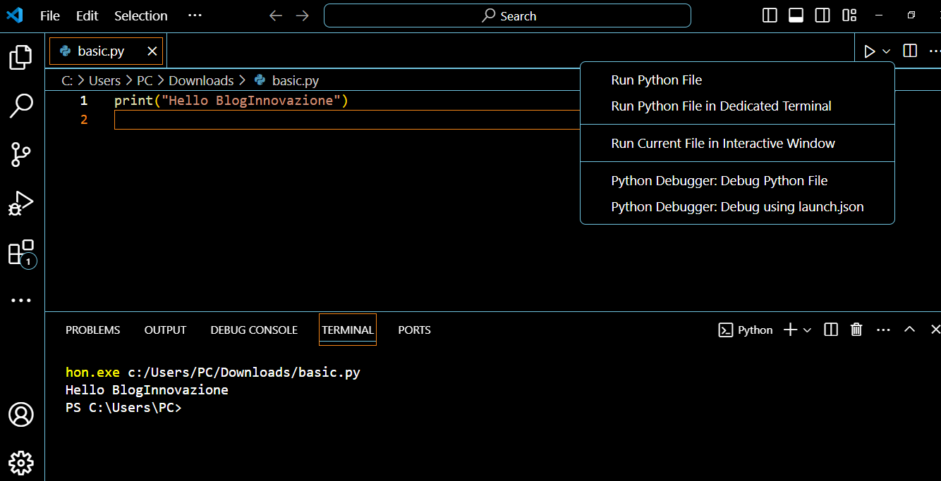 esecuzione Python in VS Code
